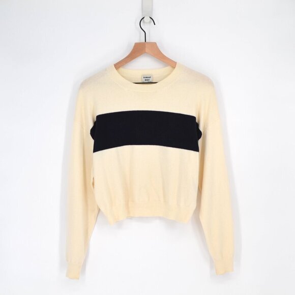 Aritzia Sunday Best Wool Blend Crewneck Sweater Color Block Cream Navy Women's S - Picture 1 of 5